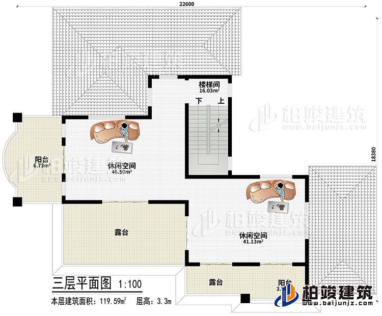 顶层：2休闲空间、2露台、2阳台、楼梯间